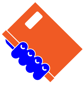 The icon showcases a blue hand holding an orange notebook.